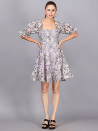 Lavender Floral Puff Sleeve Mini Dress | Sweetheart Neckline Party Dress